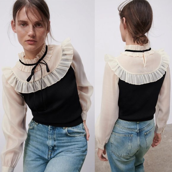 NEW Zara Contrasting Organza Ruffle Sweater Top S - Picture 4 of 11